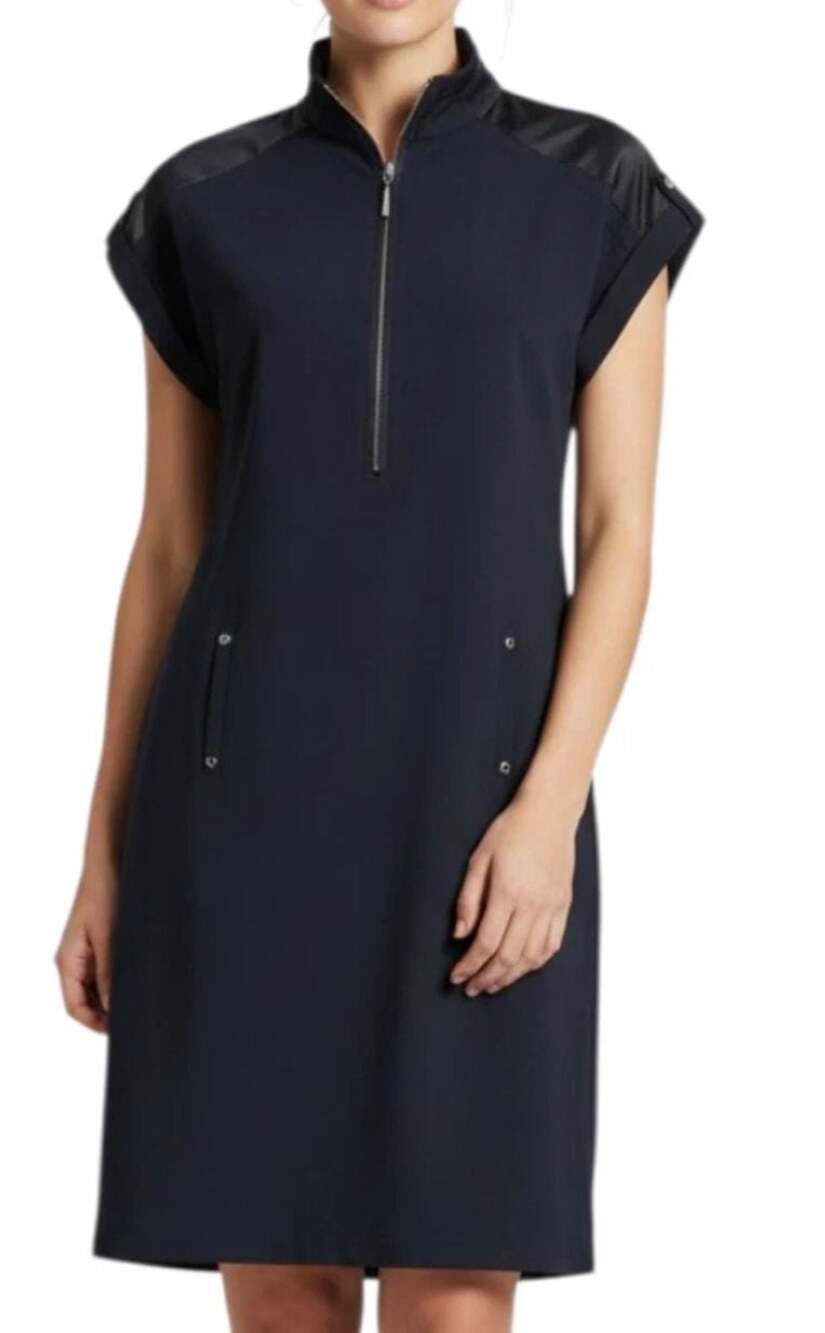 Chico’s Zenergy Neema Dress 2.5 L/14 Black 1/4 Zip Hood Travel Activewear